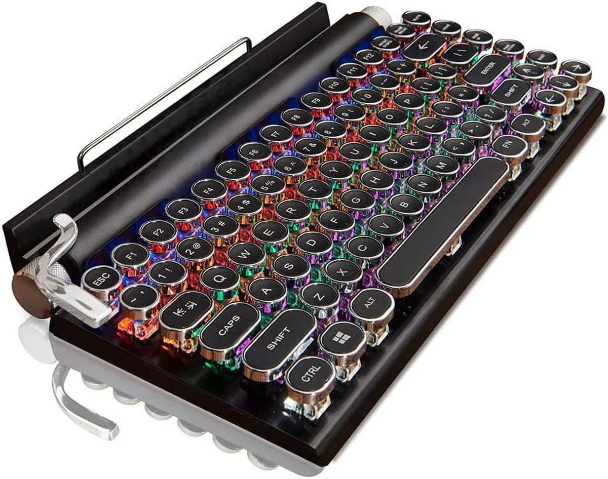 Retro typewriter keyboard, matte black rods, wood-grain aluminium panel, round electroplated keycaps, side lever and wheels