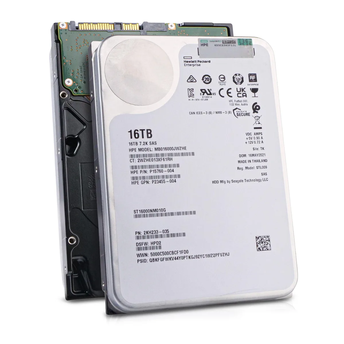 Silver 3.5 inch enterprise hard drive with label showing Seagate Exos X16 16TB SAS 12Gb/s 7200 RPM 256MB cache