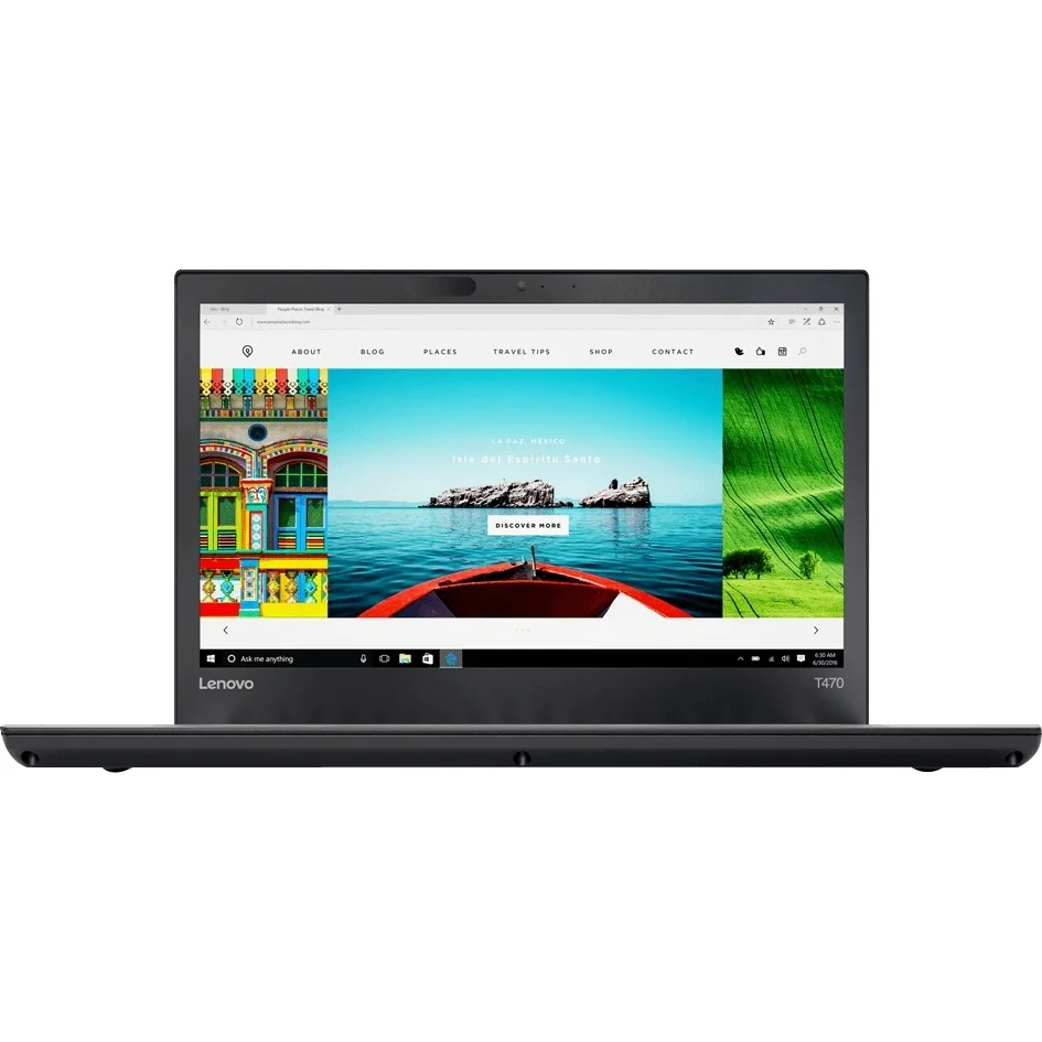 Black ThinkPad T470 clamshell laptop, 14 inch matte screen, non-backlit keyboard, webcam above display