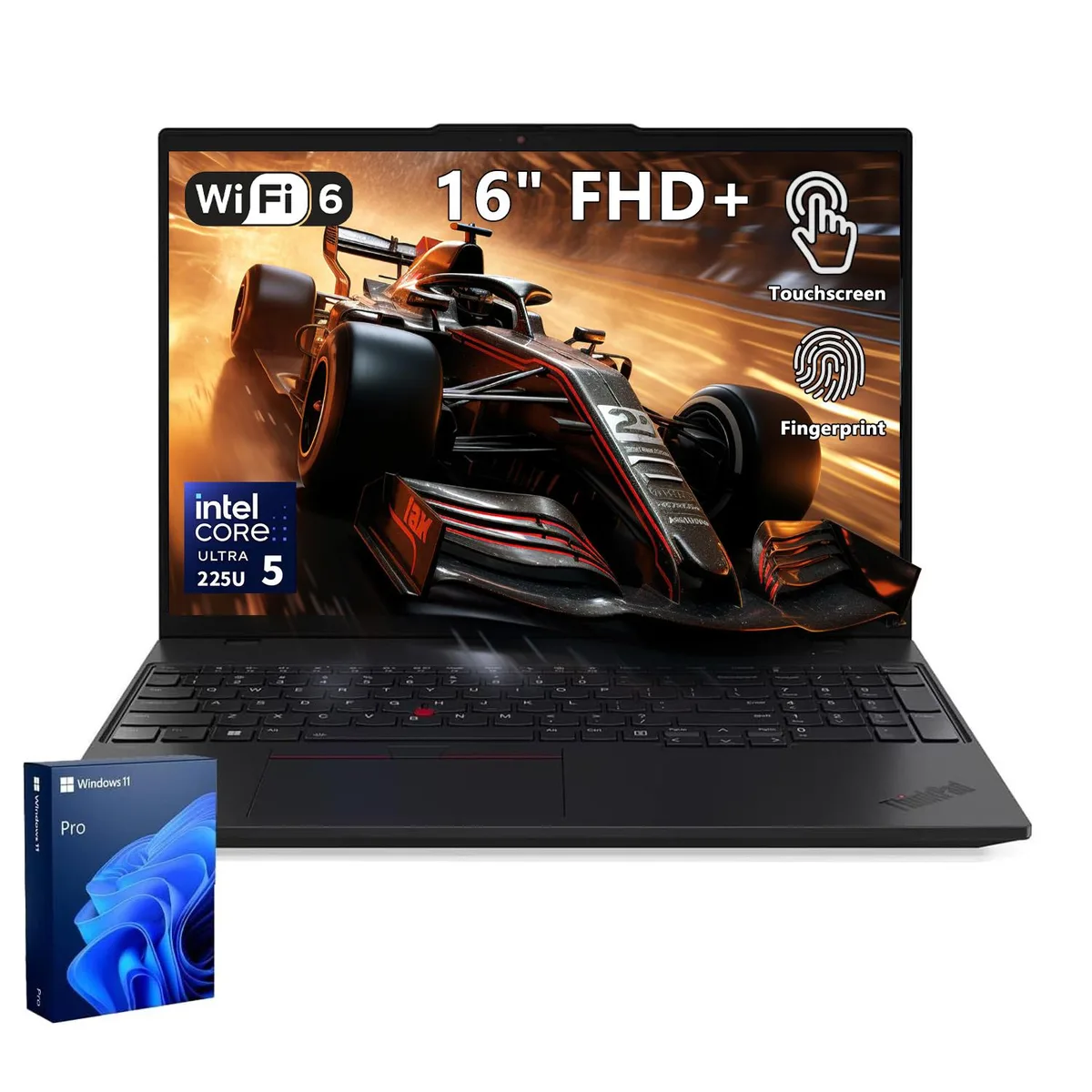 Black 16 inch ThinkPad L16 laptop with touchscreen display and numeric keypad