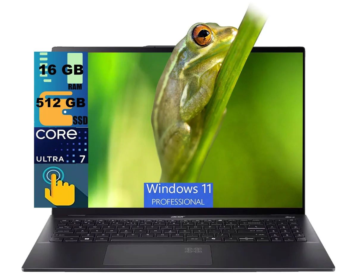 Slim black 16 inch laptop with glossy OLED touchscreen, thin bezels and backlit keyboard