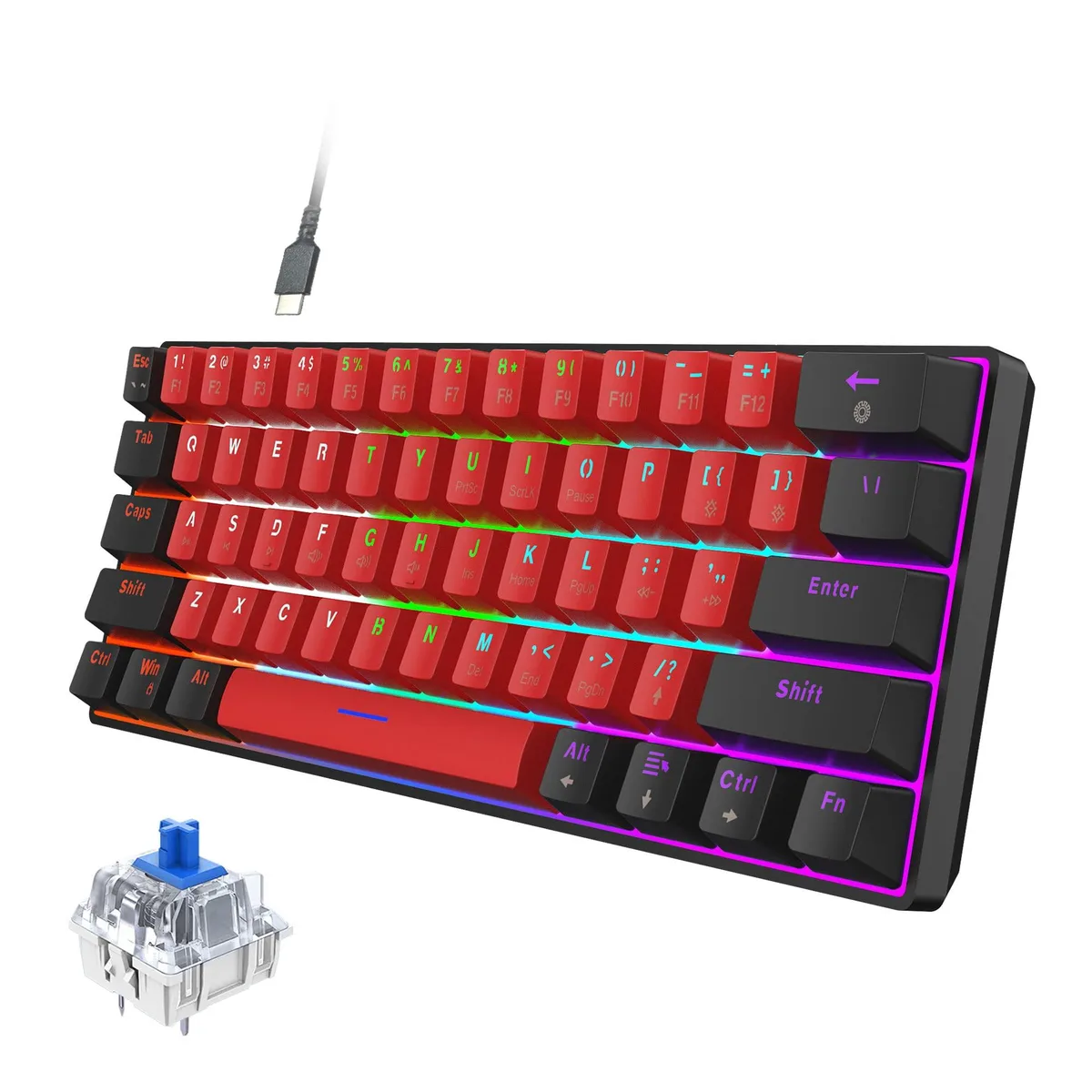 Compact 60 percent mechanical keyboard in black and red with blue tactile switches and rainbow LED backlighting