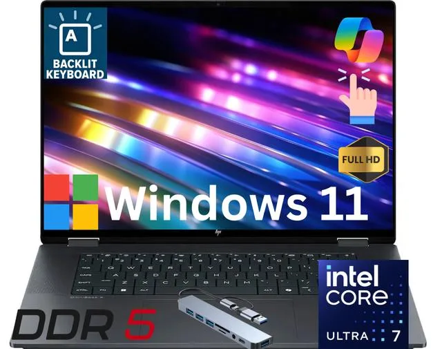 Black 16-inch 2-in-1 laptop with touch display, backlit keyboard, flip hinge