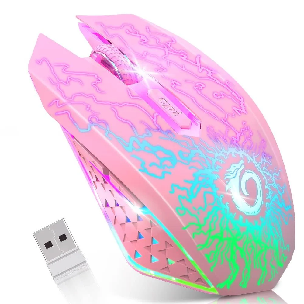 Pink wireless gaming mouse with 16 buttons and RGB lighting