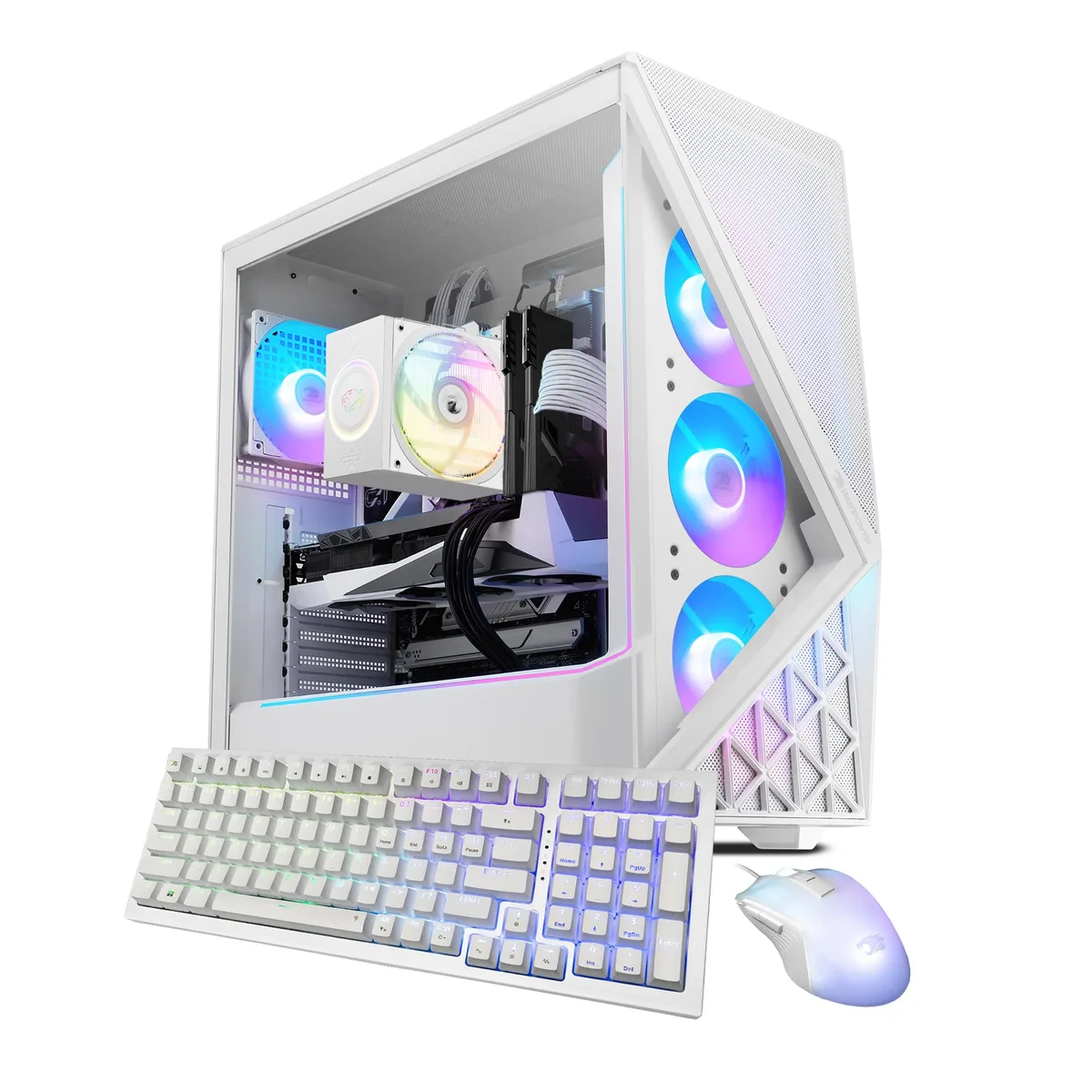 White mid-tower gaming desktop with RGB lighting and side panel