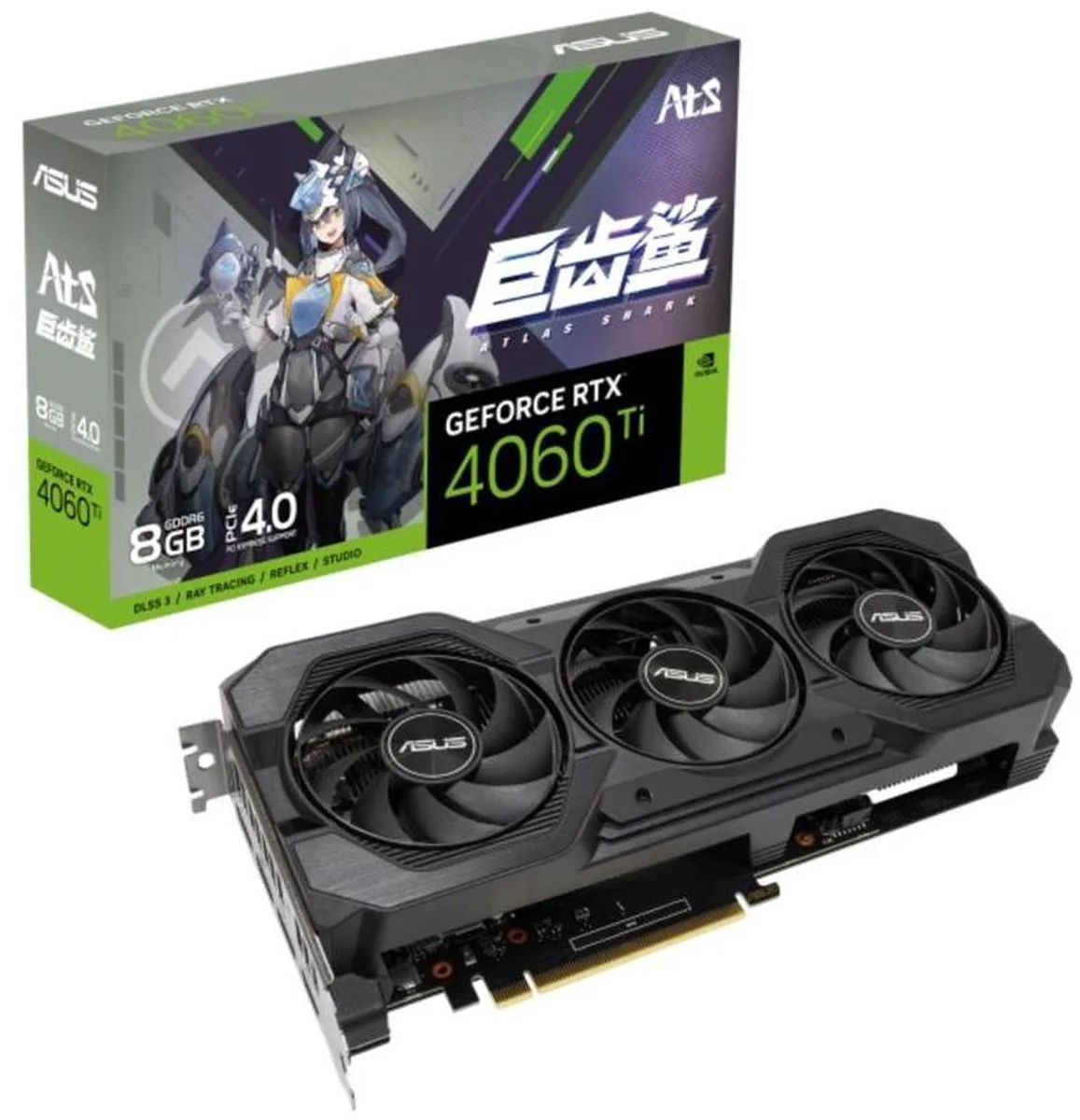 ASUS ATS GeForce RTX 4060 Ti graphics card with dual axial fans, vented metal backplate, and silver-grey shroud