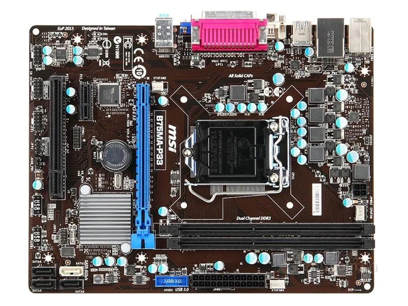 Green rectangular micro-ATX motherboard with silver CPU socket, black memory slots, blue PCIe slots