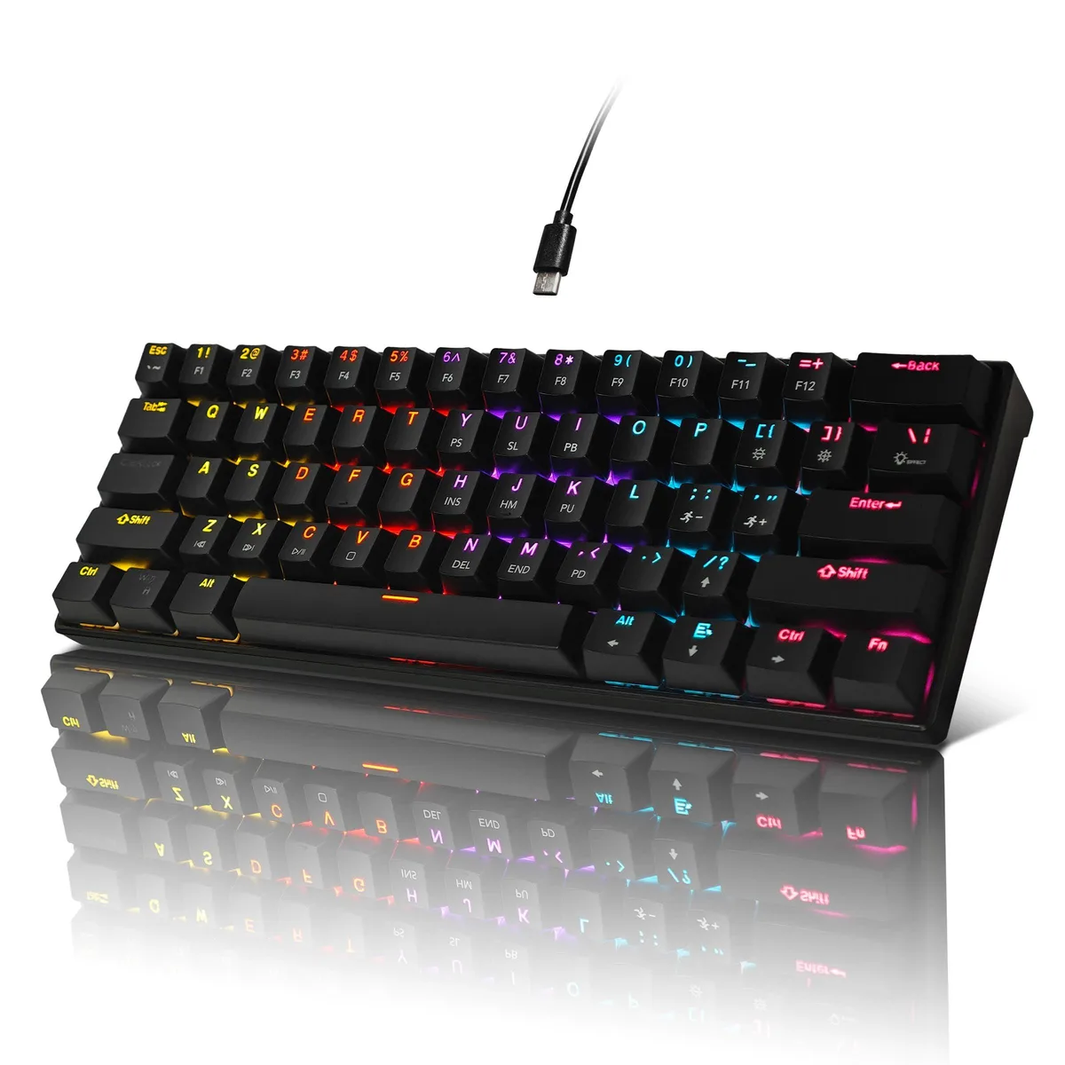 Compact black 61-key mechanical keyboard with RGB backlighting