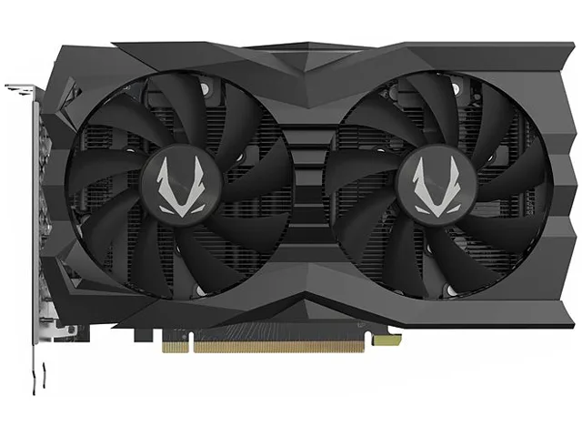 Compact dual-fan graphics card with metal backplate, white LED lighting, 8.3 inch length