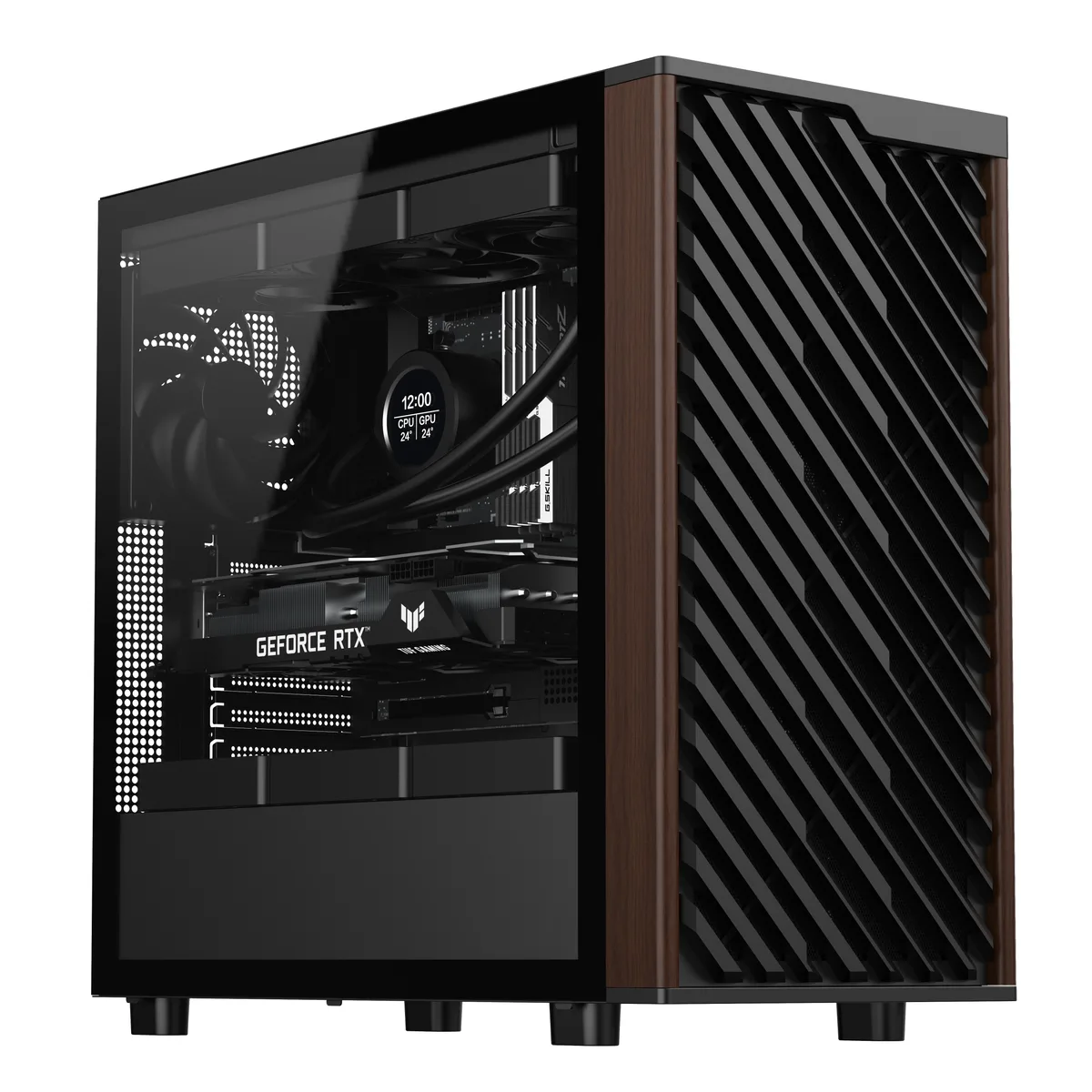 Black ATX mid-tower case with walnut wood front panel and tempered glass side