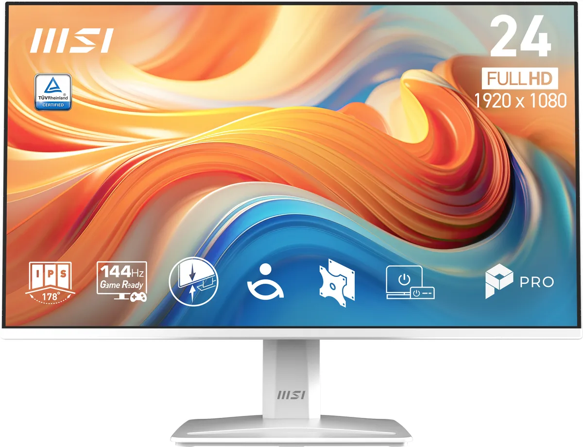 Matte white 23.8 inch IPS monitor with slim bezels on a simple stand