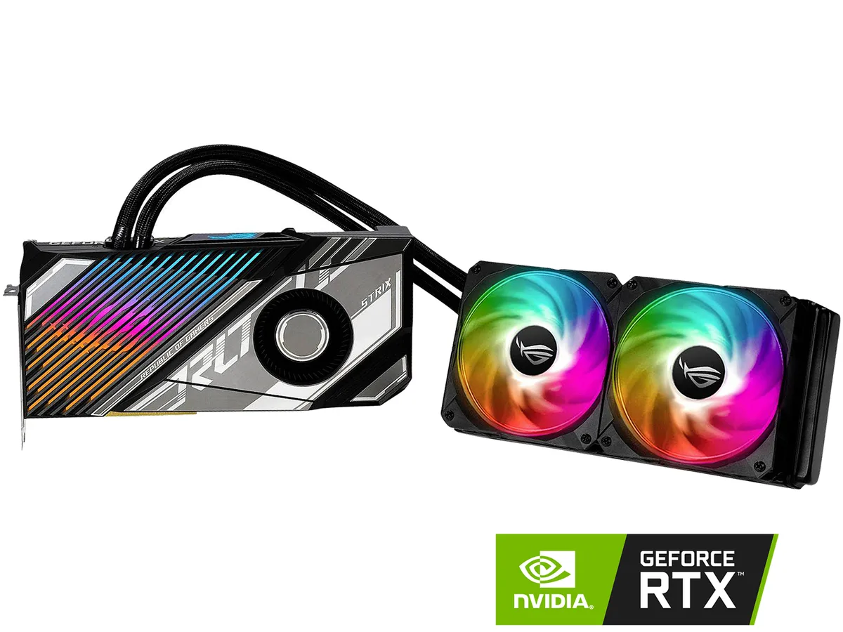 Black graphics card with integrated liquid cooler and radiator, ROG STRIX branding
