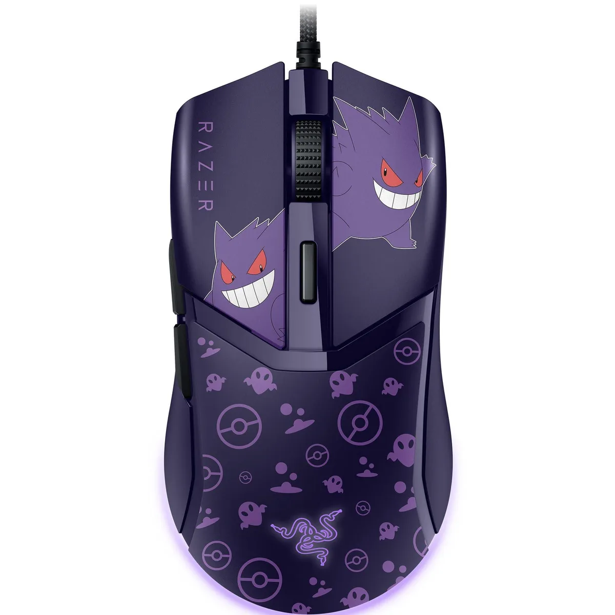 Red lightweight wired gaming mouse with Gengar-themed design, six buttons and gradient underglow