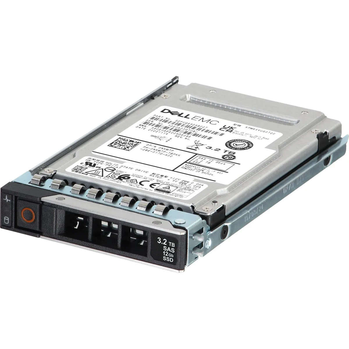 A silver 2.5 inch Dell enterprise SSD with SAS connector