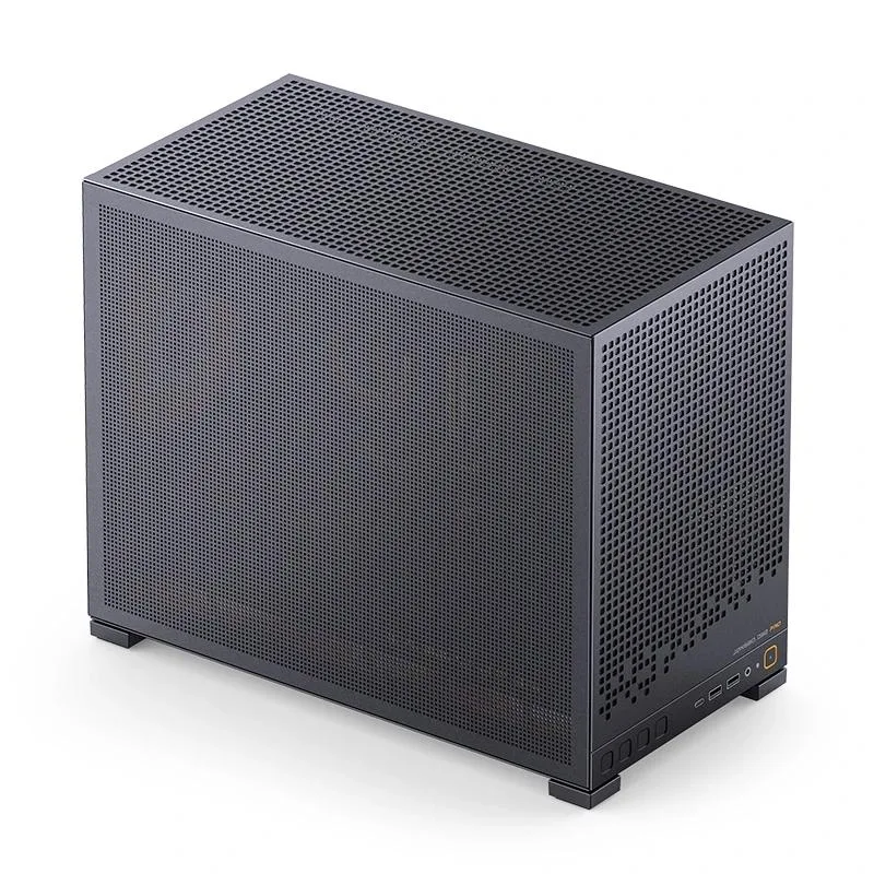 Black micro-ATX tower with mesh front, tempered glass side panel, compact 24L form