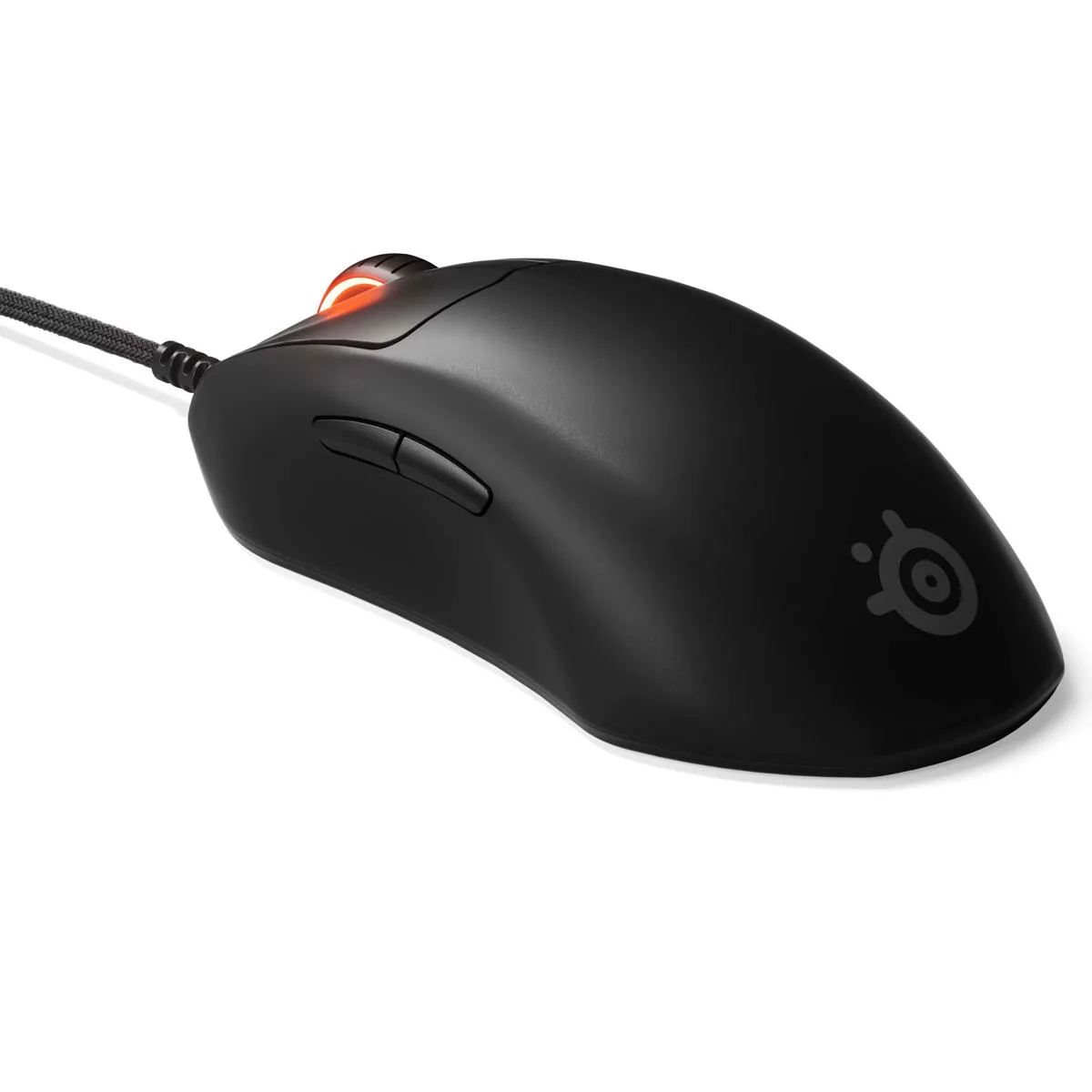 Black right-handed wired gaming mouse with five buttons and matte finish