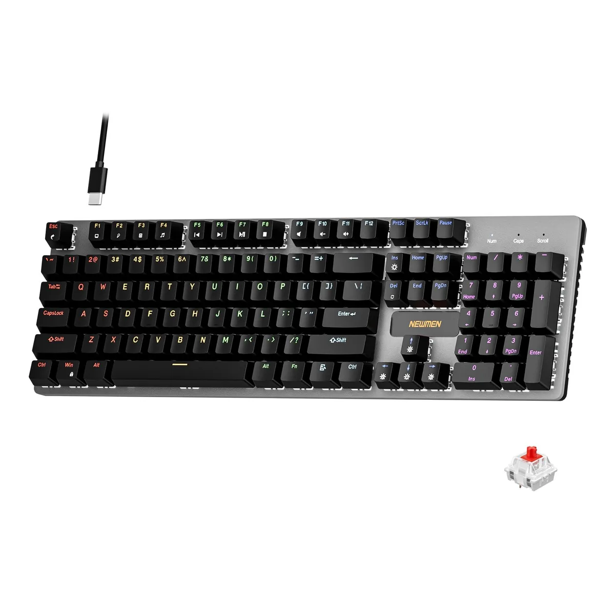 Full-size black mechanical keyboard with metal top plate and detachable USB cable