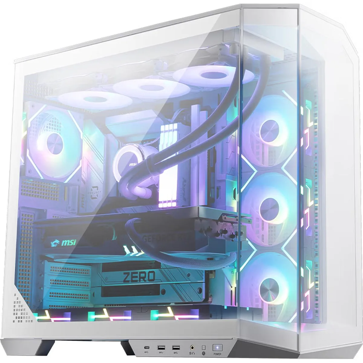 White micro-ATX tower with 270° tempered glass panels and magnetic dust filter