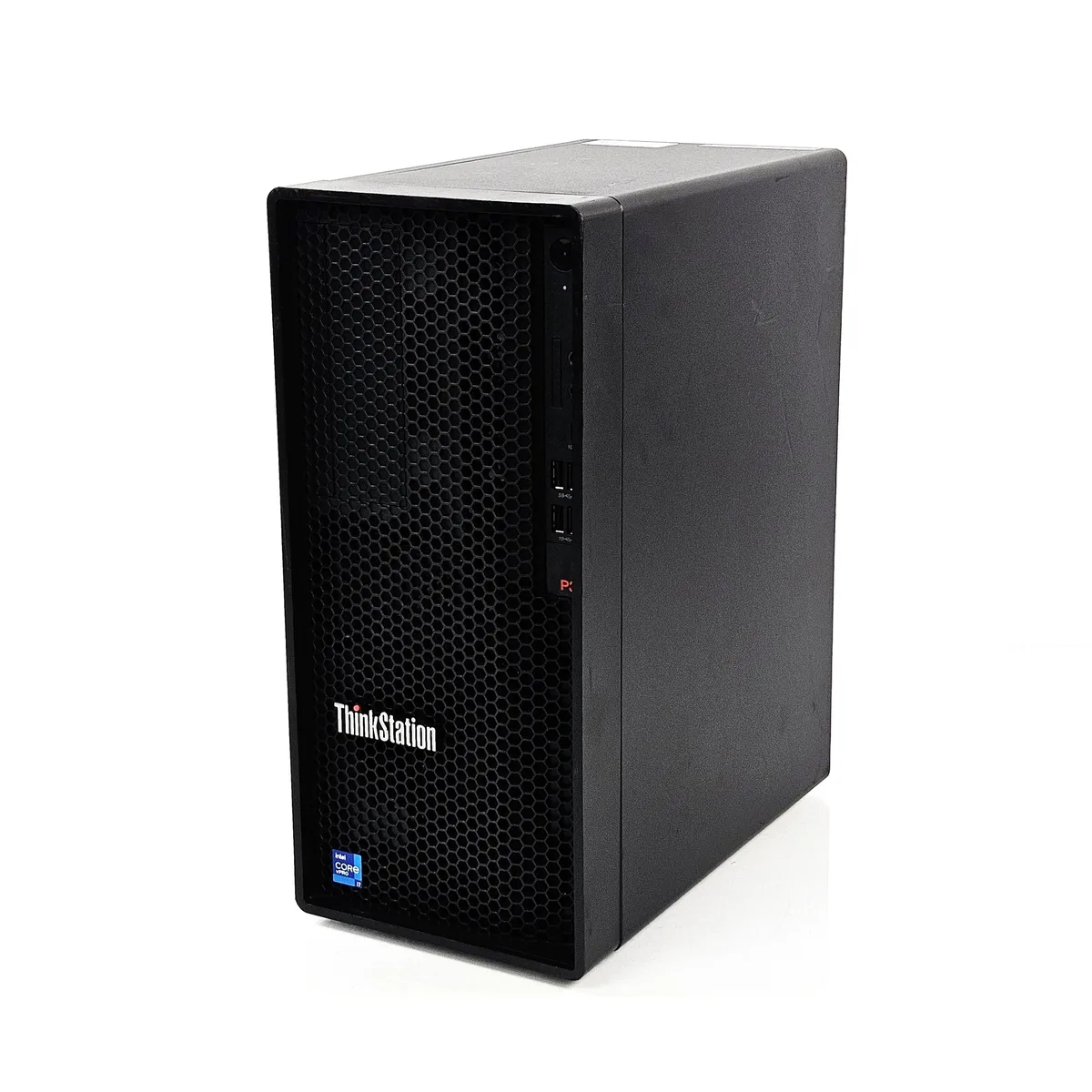 Black rectangular tower workstation with front panel vents and Lenovo branding
