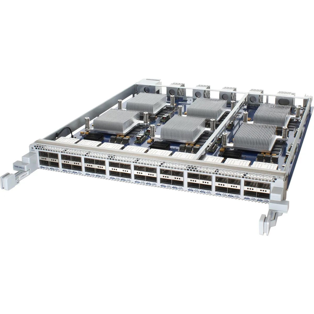 Silver rectangular rack module front panel with thirty-six QSFP+ port cages in a six-by-six grid