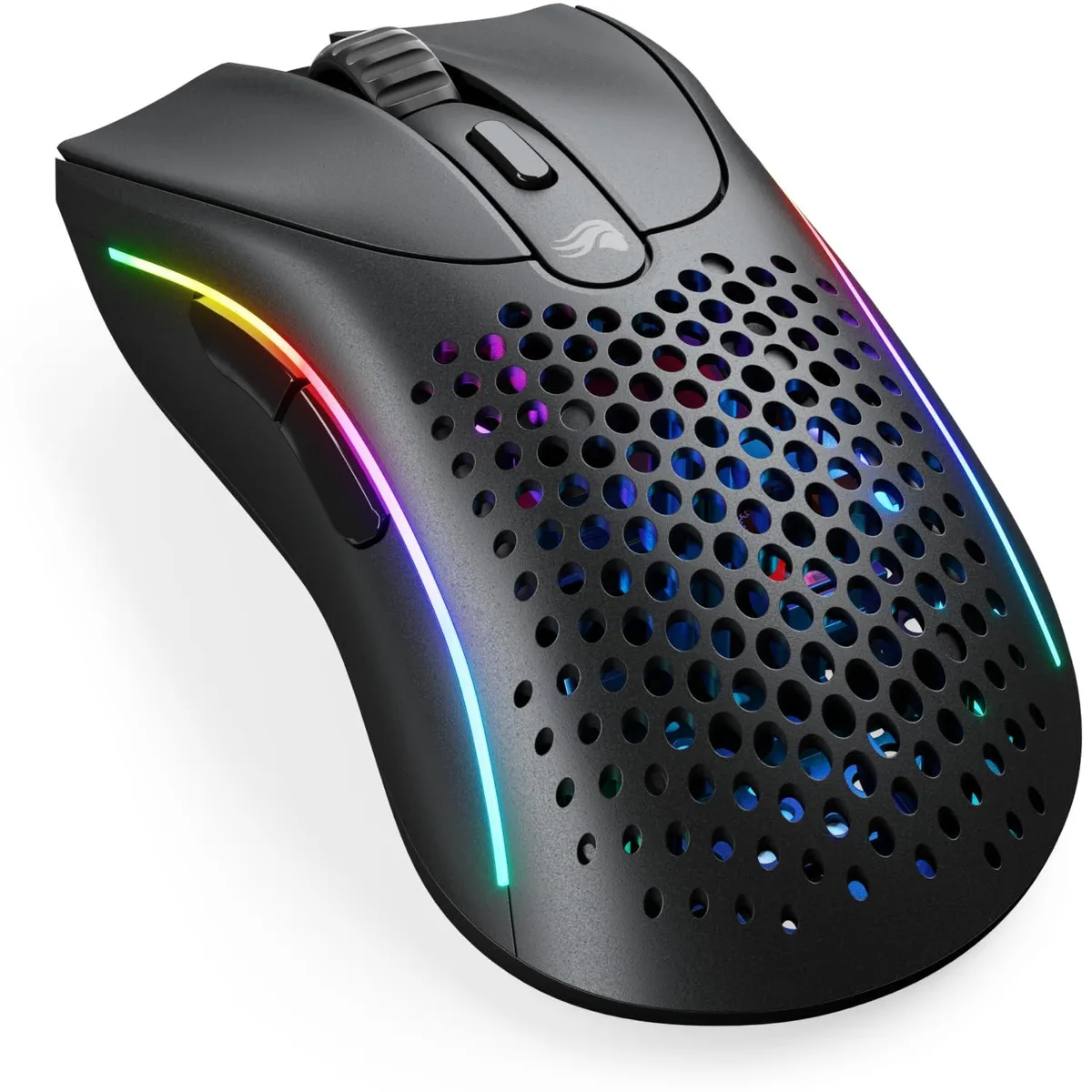 Black ergonomic wireless gaming mouse with curved right-handed shape and matte finish