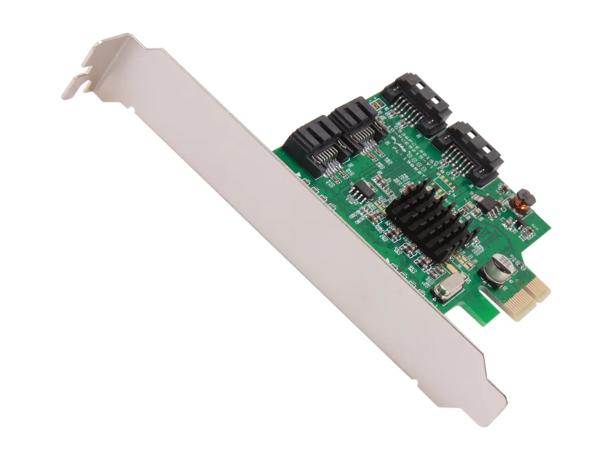 Green circuit board with four red SATA ports and a PCIe edge connector