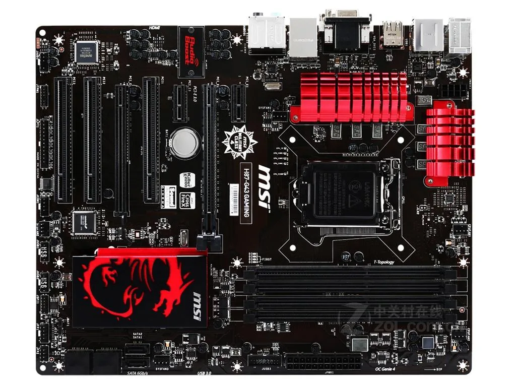 Black micro-ATX motherboard with red accents, LGA 1150 socket, four DDR3 slots, multiple PCI and PCIe slots, rear I/O shield included
