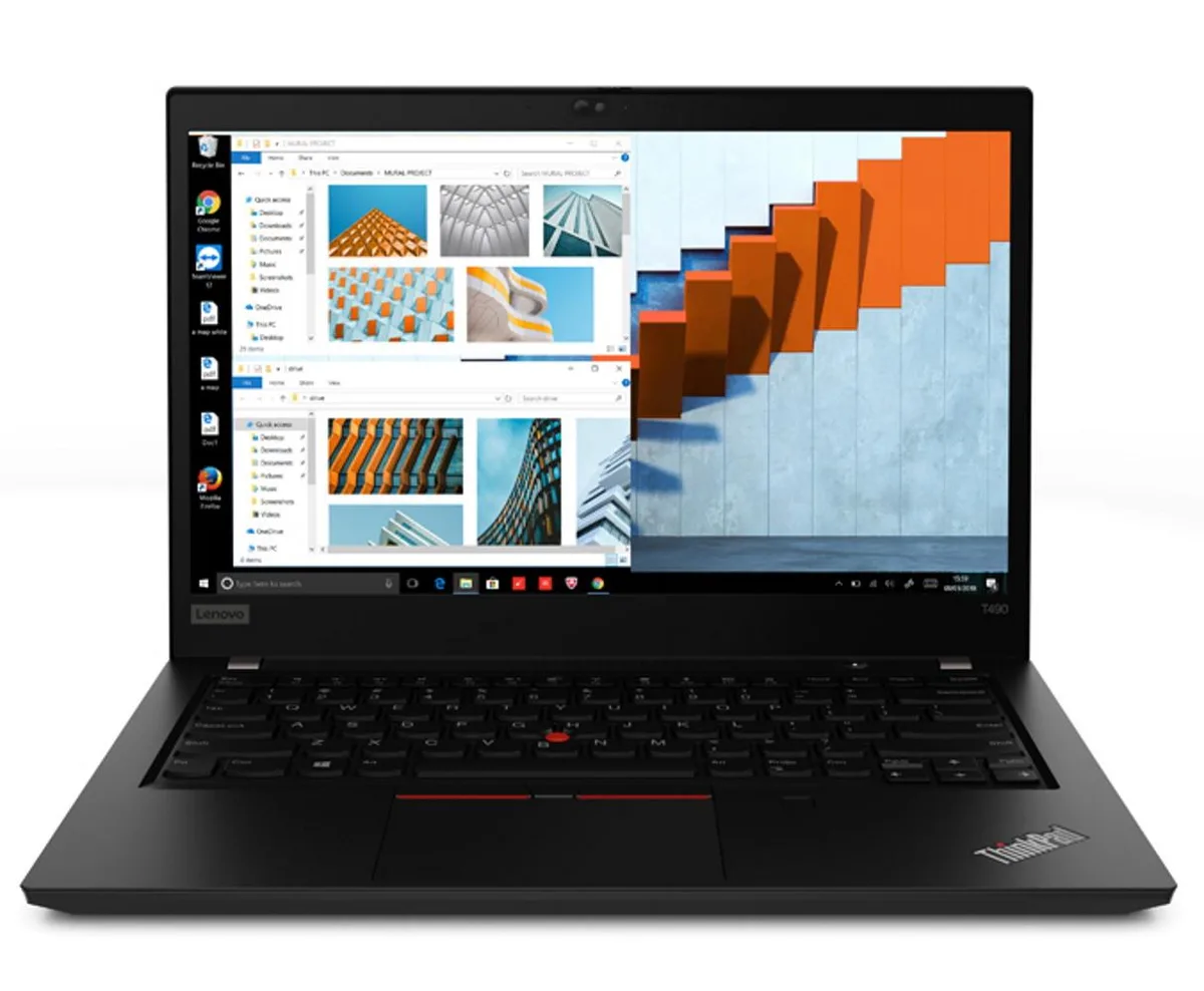 Black Lenovo ThinkPad T490 laptop, 14 inch non-touch display, matte finish