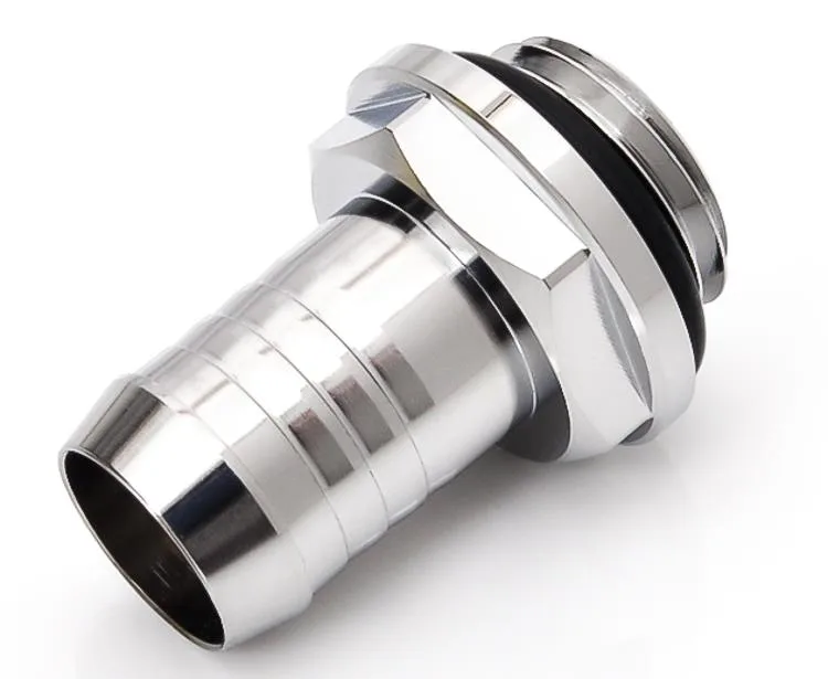 Small silver brass barb fitting with G1/4 thread and 3/8 tubing end