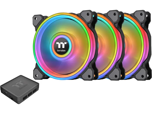 Three black 120 mm square fans with four LED rings each, 25 mm thick