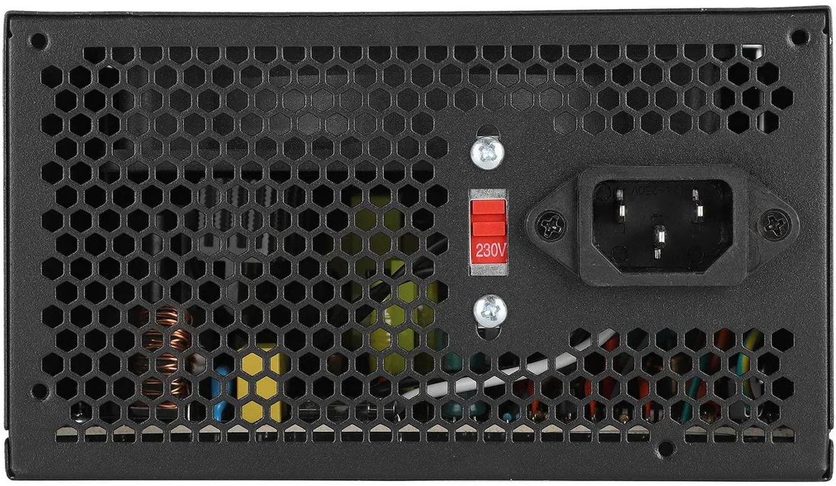 Rectangular silver ATX power supply unit with rear fan grille and attached 1.1 metre power cord