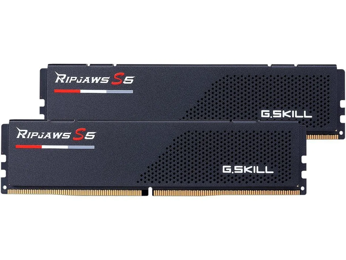 Two matte black DDR5 desktop memory modules with low profile heatsinks
