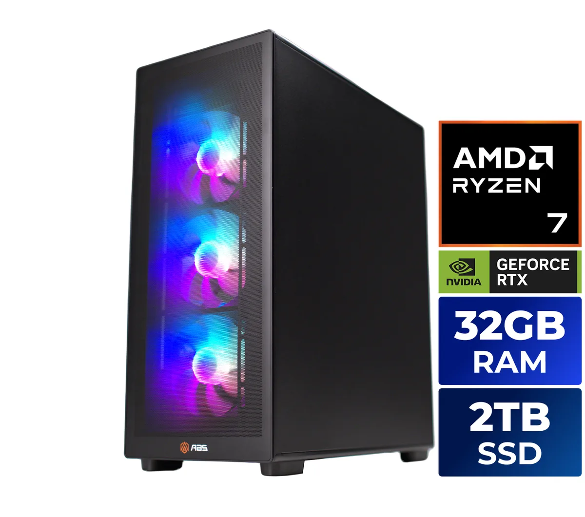 Black mid-tower gaming desktop with tempered glass side panel and RGB lighting visible inside