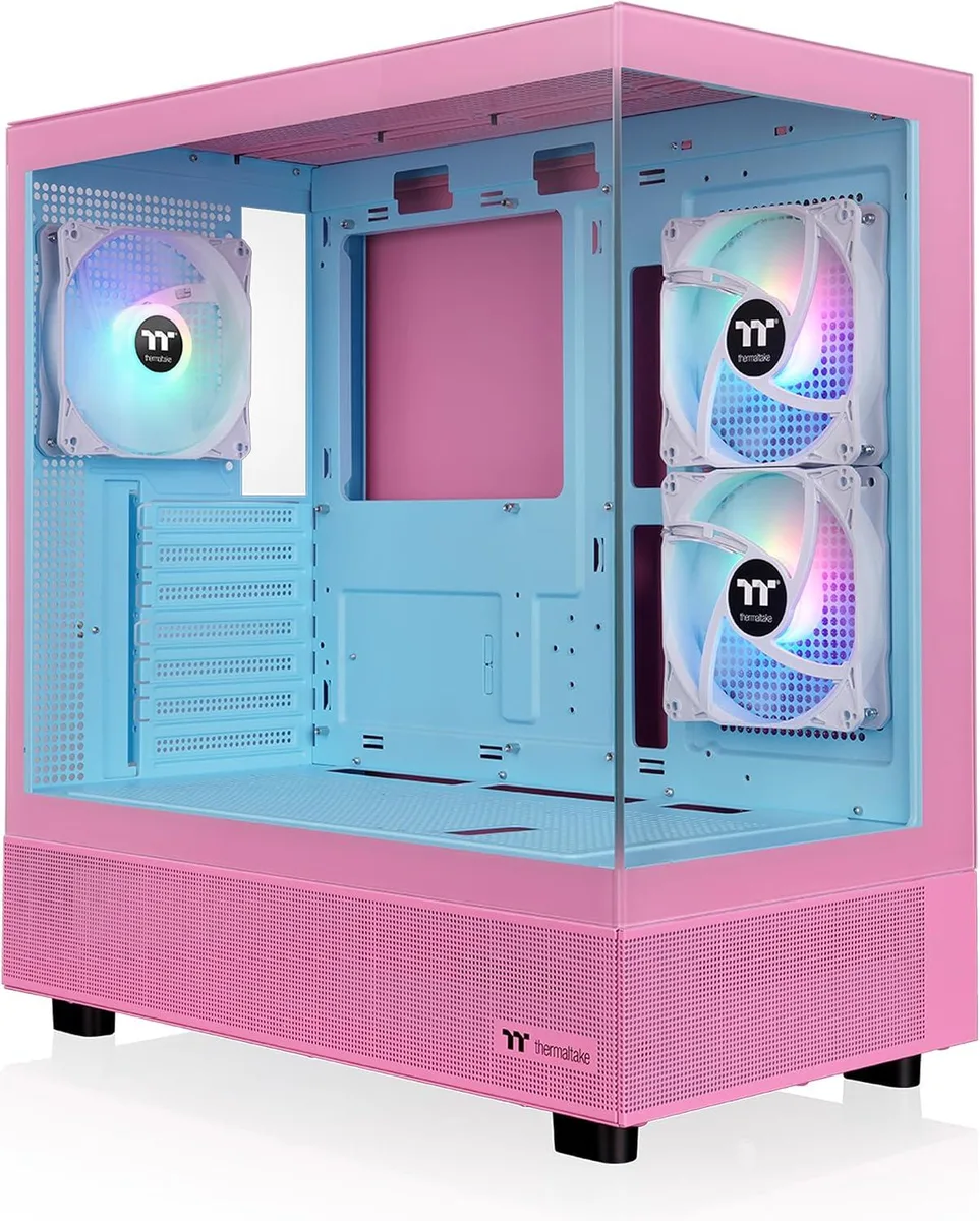 Bubble pink mid-tower chassis with tempered glass side panel and mesh front panel