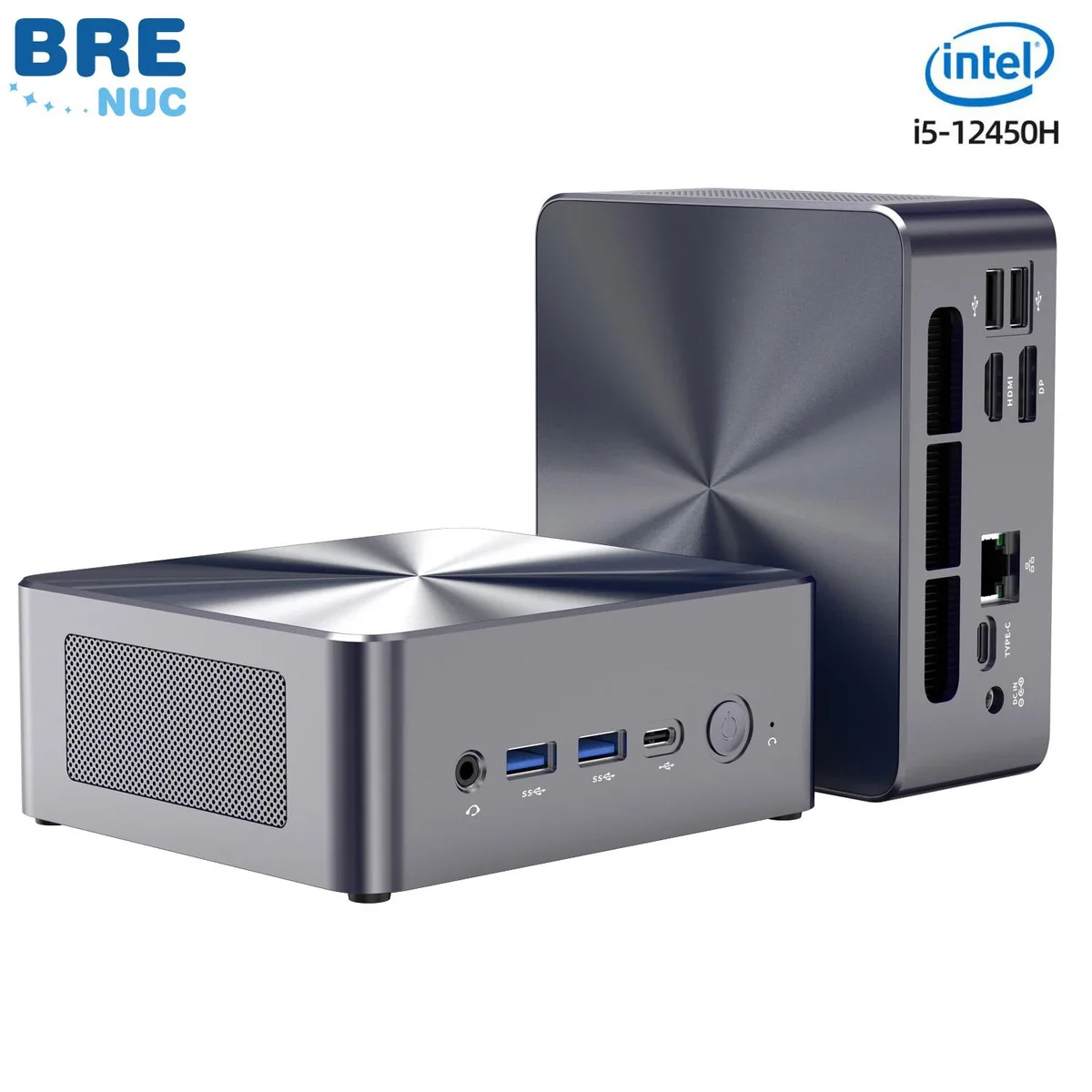 Compact silver mini desktop on a plain background