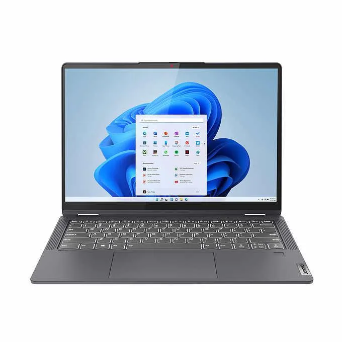 Silver 14-inch convertible laptop with touchscreen display