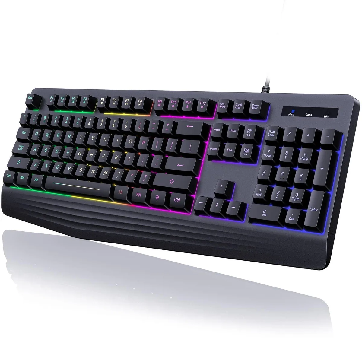 yesbeaut Gaming Keyboard 104-key Membrane Rainbow Backlit USB Wired Wrist Rest — 商品写真