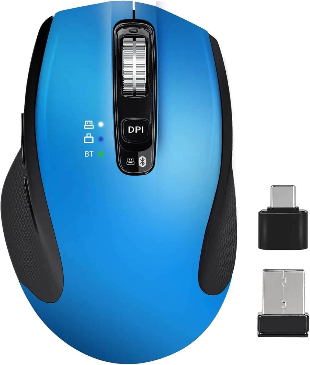 Blue ergonomic wireless mouse with thumb rest, USB-A, USB-C and Bluetooth connectivity