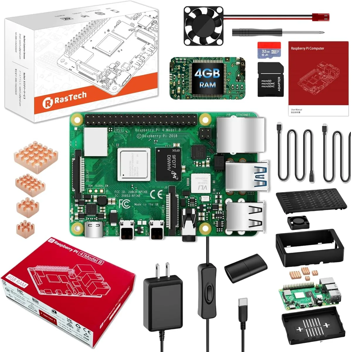 BFKK BFKK Raspberry Pi 4 4GB Starter Kit 32GB SD 4 Heatsinks 2 HDMI Fan Case Power Supply Card Reader Screwdriver — produktbilde