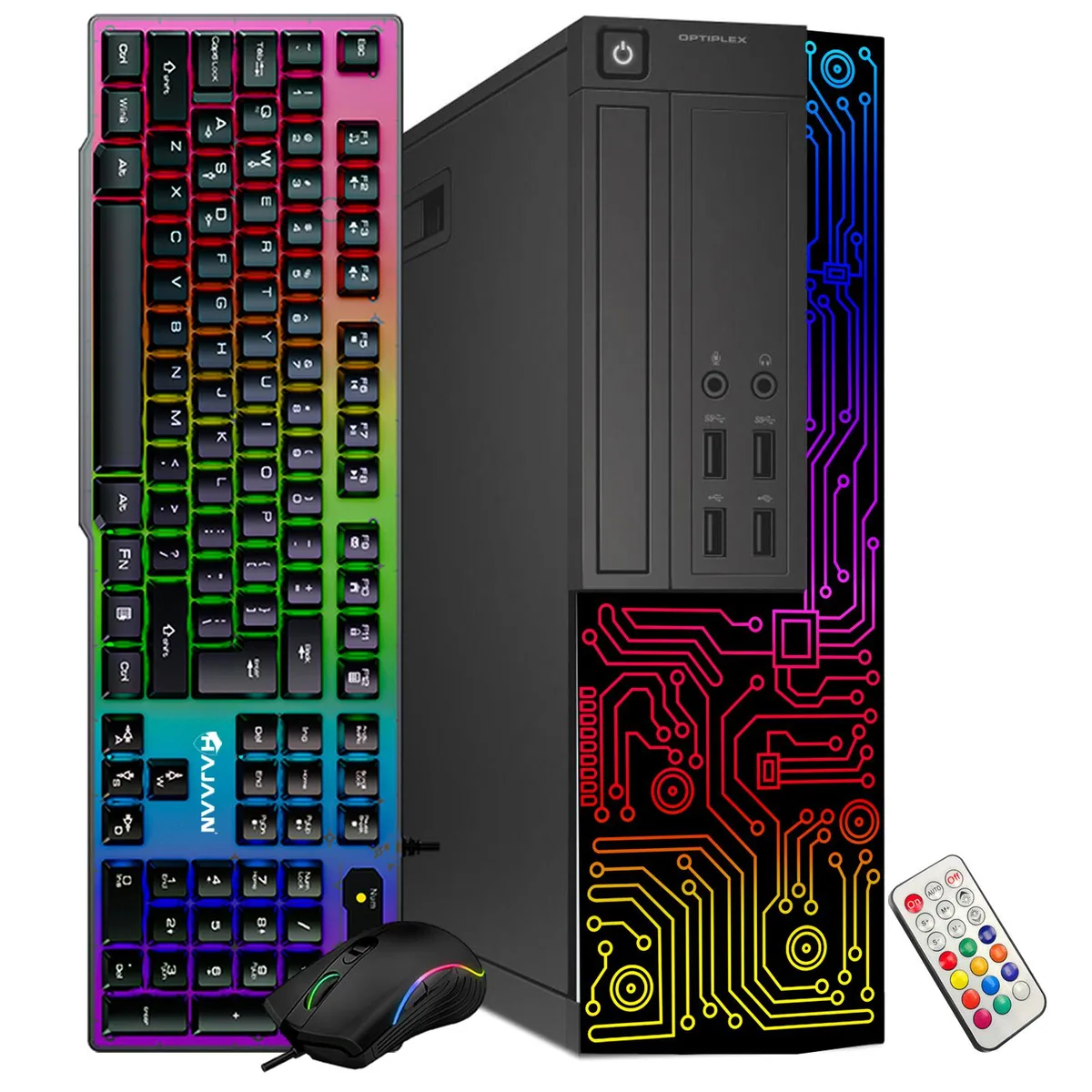 Small black desktop tower with RGB front panel, wired keyboard and mouse