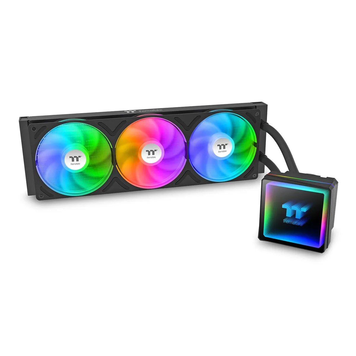 Black 360mm radiator with three 120mm fans and ARGB infinity mirror pump head