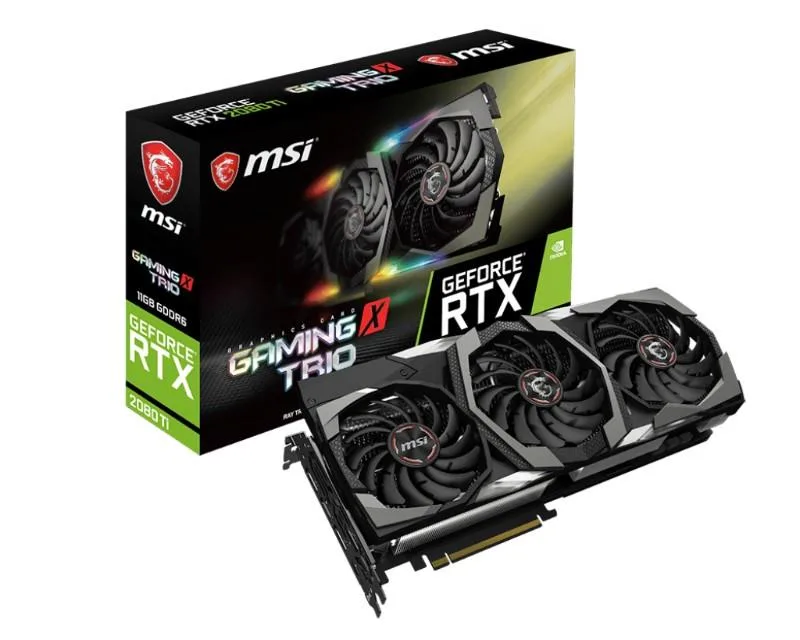 Black triple-fan graphics card with RGB lighting