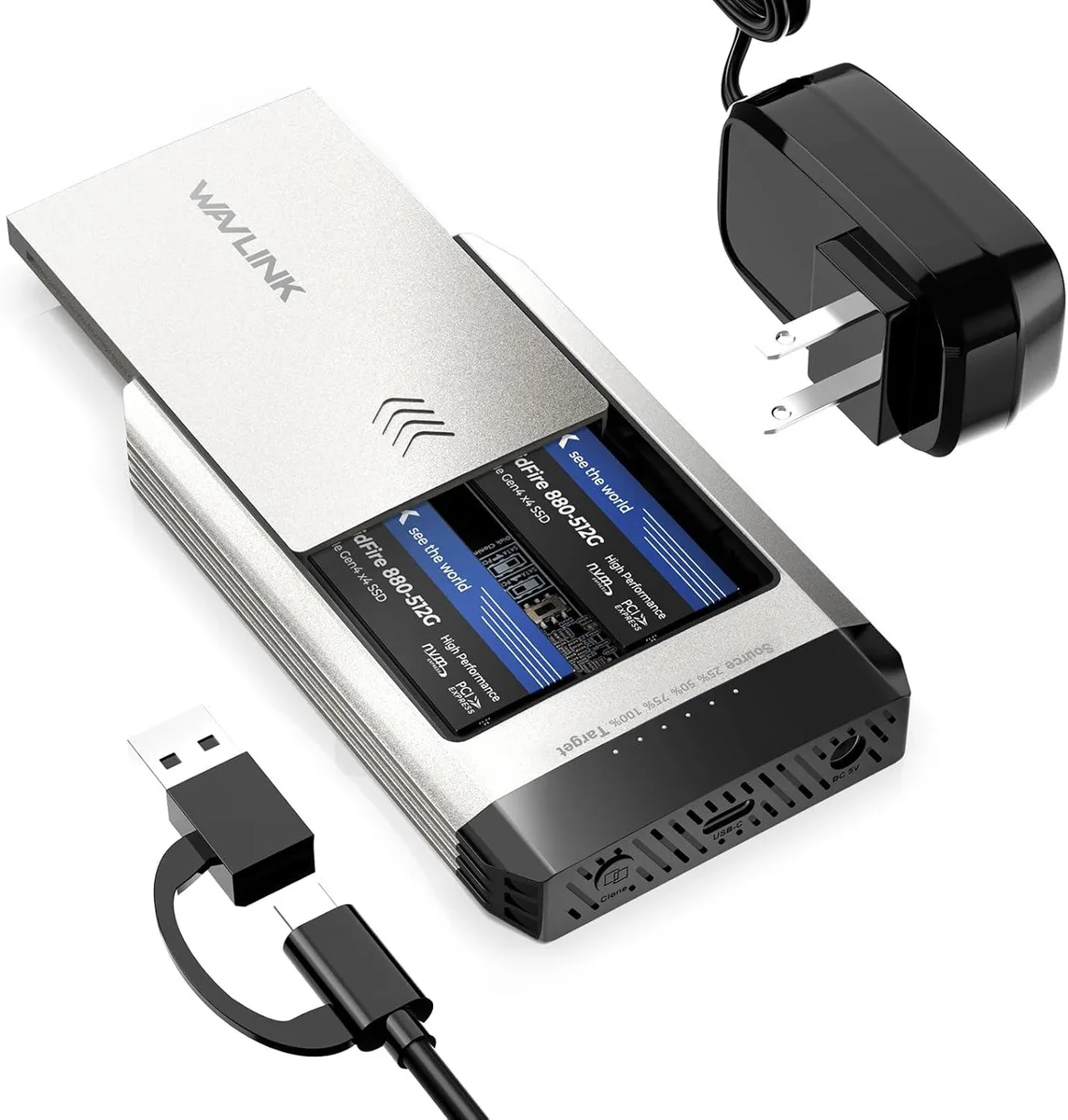 Rectangular gray plastic enclosure with a sliding cover, USB-C port and cloning button
