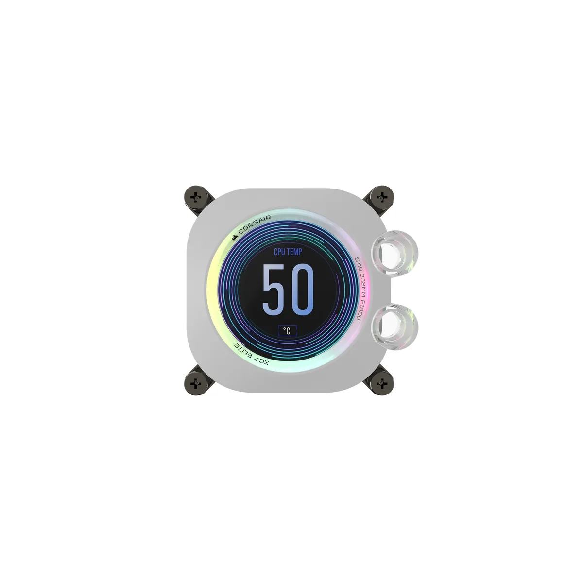 White CPU water block with square LCD screen and RGB lighting