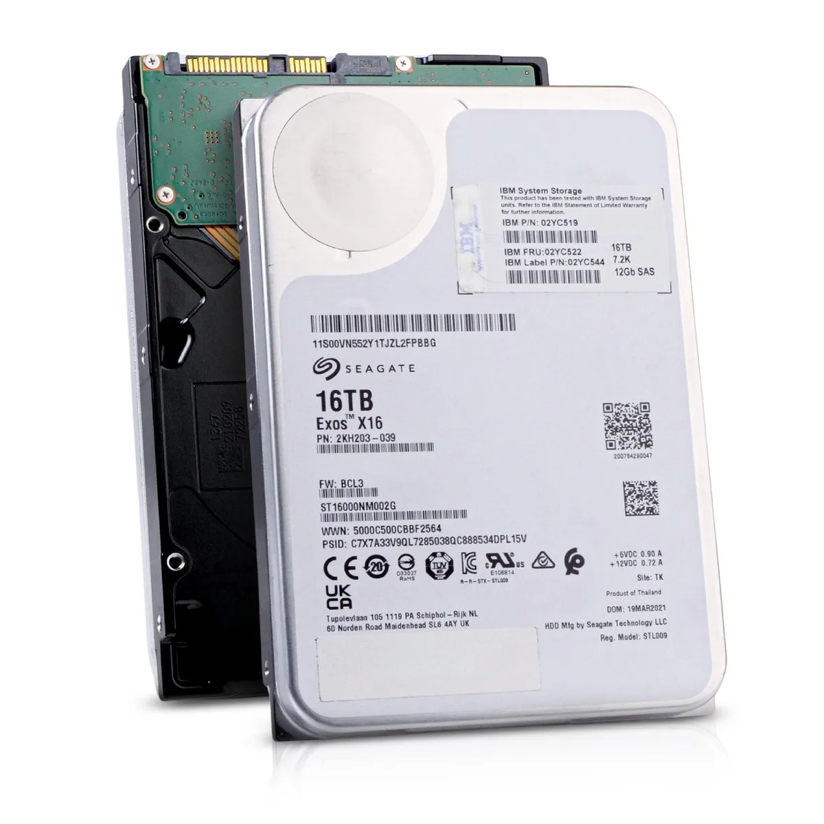 Silver 3.5 inch enterprise hard drive with SAS connector and label showing 16TB capacity