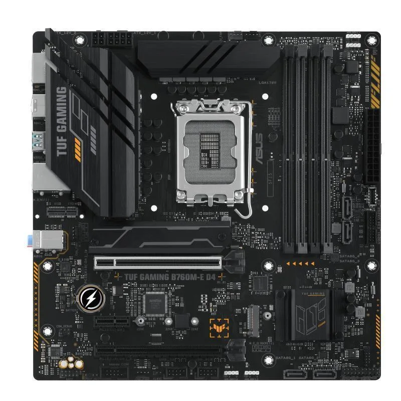 ASUS TUF GAMING B760M-E D4 mATX motherboard with black PCB and geometric heatsinks