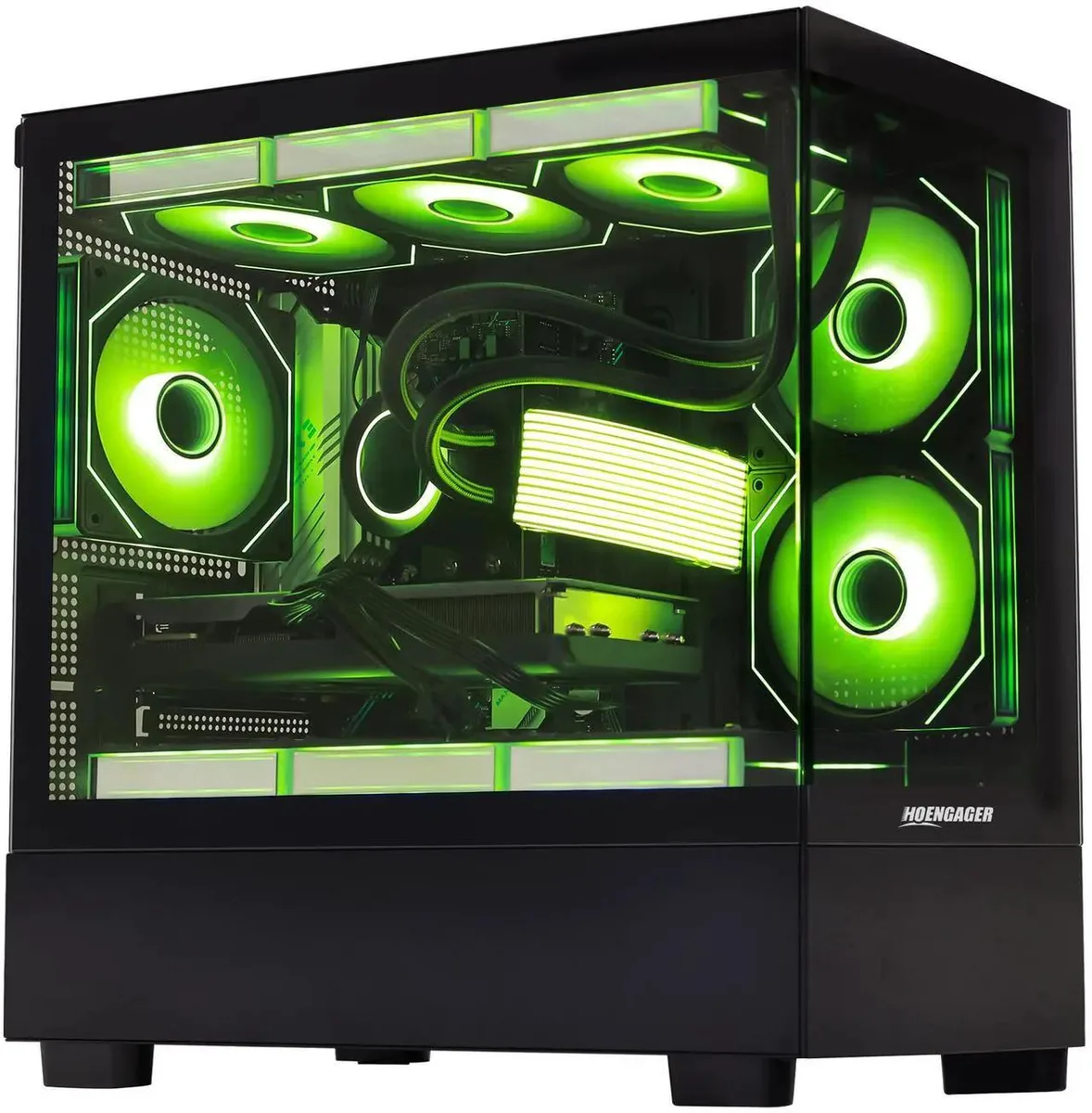 Black mid-tower gaming desktop with liquid cooling and RGB lighting
