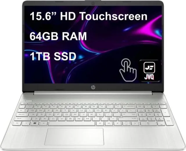 Silver HP Pavilion laptop with 15.6 inch HD touchscreen display open on desk