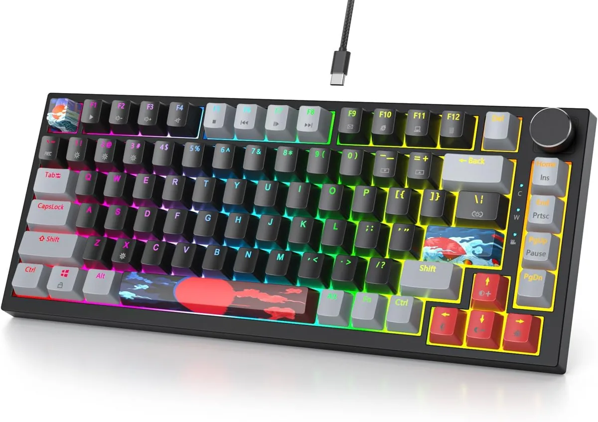 Dark compact 75% mechanical keyboard with 82 keys and rotary knob