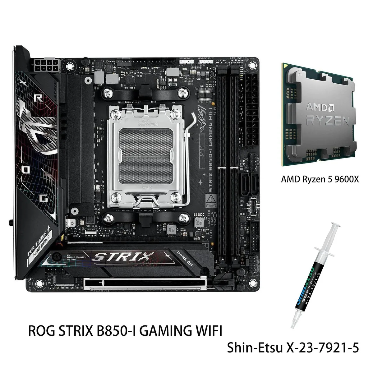 Compact Mini-ITX board with dark heatsinks, integrated I/O cover and pre-mounted shield, paired with a Ryzen 5 9600X CPU